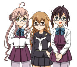 Rule 34 | &gt;:(, 10s, 3girls, :d, ahoge, bow, bowtie, brown eyes, brown hair, commentary request, double bun, frown, glasses, green eyes, highres, hoshino banchou, kantai collection, long hair, looking at viewer, makigumo (kancolle), mochizuki (kancolle), multiple girls, okinami (kancolle), one side up, open mouth, pantyhose, pink hair, pleated skirt, school uniform, serafuku, skirt, sleeves past wrists, smile, trait connection, twintails, v-shaped eyebrows, v arms