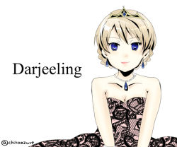 Rule 34 | 10s, 1girl, blonde hair, blue eyes, breasts, character name, chikomayo, cleavage, darjeeling (girls und panzer), earrings, girls und panzer, jewelry, necklace, pearl necklace, short hair, smile, solo, tiara, v arms