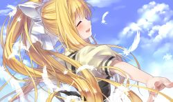 Rule 34 | 00s, air (visual novel), blonde hair, blue eyes, dekatanaba, feathers, from behind, hair ribbon, highres, kamio misuzu, long hair, outstretched arms, ponytail, ribbon, school uniform, solo, spread arms