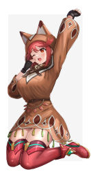 Rule 34 | 1girl, absurdres, black gloves, bob cut, breasts, disguised pyra (xenoblade), earrings, fingerless gloves, full body, gloves, gonzarez, highres, hood, hoodie, jewelry, kneeling, large breasts, pyra (xenoblade), red eyes, red hair, red shorts, short hair, short shorts, shorts, swept bangs, thighhighs, xenoblade chronicles (series), xenoblade chronicles 2, yawning