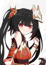 Rule 34 | 1girl, bare shoulders, black hair, blush, bow, clenched hand, closed mouth, criss-cross halter, detached sleeves, dress, fox mask, from side, hair between eyes, hair bow, halterneck, hand up, highres, honkai: star rail, honkai (series), long hair, looking at viewer, mask, mask on head, nail polish, obi, pink eyes, pink nails, red bow, red dress, red sleeves, sash, short sleeves, sidelocks, simple background, sleeveless, sleeveless dress, solo, sparkle (honkai: star rail), twintails, upper body, wavy mouth, white background, zizhucan, zoom layer