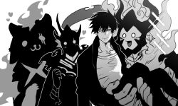 1boy 3others bellion_(solo_leveling) bishie_sparkle black_hair black_jacket blush collarbone greyscale hair_between_eyes heart hiyomon holding iron_(solo_leveling) jacket knight looking_at_another looking_to_the_side male_focus monochrome multiple_others pants plume shirt short_hair smile smirk solo_leveling sparkle sung_jin-woo tusk_(solo_leveling) white_background