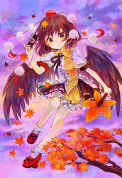 Rule 34 | 1girl, album cover, ama-tou, bird wings, black wings, branch, brown eyes, brown hair, camera, cloud, cover, female focus, hand fan, hat, leaf, looking at viewer, maple leaf, md5 mismatch, puffy sleeves, resolution mismatch, shameimaru aya, short hair, short sleeves, sky, smile, solo, source larger, tokin hat, touhou, wings