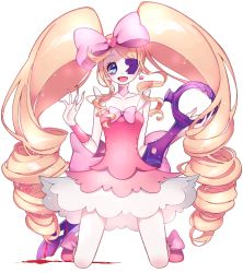 Rule 34 | 1girl, big hair, blonde hair, blood, blue eyes, boots, bow, dress, drill hair, earrings, eyepatch, full body, hair bow, harime nui, highres, jewelry, kill la kill, long hair, pink bow, pink dress, pink footwear, scissor blade (kill la kill), simple background, smile, solo, sparkle, strapless, strapless dress, twin drills, twintails, very long hair, weapon, white background, wrist cuffs
