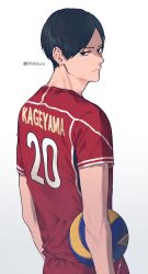 Rule 34 | 1boy, 5600cm, absurdres, aged up, ball, black eyes, black hair, from behind, haikyuu!!, highres, holding, holding ball, kageyama tobio, looking at viewer, looking back, male focus, short hair, simple background, solo, sportswear, twitter username, volleyball (object), volleyball uniform, white background
