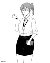 Rule 34 | 1girl, arm up, black skirt, frown, glasses, greyscale, id card, kaga (kancolle), kantai collection, looking at viewer, monochrome, scowl, shirt, side ponytail, signature, simple background, skirt, solo, standing, wangphing, watch, white background, white shirt, wristwatch