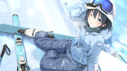 Rule 34 | 1girl, ;o, arm up, beanie, black gloves, black hair, blue eyes, blue jacket, blue pants, blue sky, blush, cac itinose, commentary request, day, gloves, goggles, goggles on headwear, grey scarf, hair between eyes, hat, highres, hood, hood down, hooded jacket, jacket, long sleeves, one eye closed, original, outdoors, pants, parted lips, puffy long sleeves, puffy sleeves, scarf, shirt, shoes, sitting, ski gear, ski pole, skiing, skis, sky, snow, solo, sweat, white footwear, white gloves, white hat, white shirt