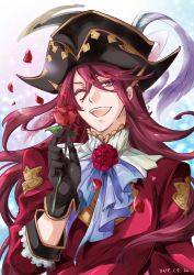 Rule 34 | 10s, 1boy, aoidos, artist name, dated, feathers, flower, gloves, granblue fantasy, hat, leaf, long hair, male focus, one eye closed, open mouth, petals, portrait, red eyes, red hair, rose, solo, teeth