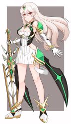 Rule 34 | 1girl, absurdres, bare legs, breasts, cleavage, cleavage cutout, clothing cutout, corrin (female) (fire emblem), corrin (fire emblem), cosplay, dress, elbow gloves, fire emblem, fire emblem fates, frown, gloves, hair ornament, highres, jewelry, kgctcg, long hair, mythra (xenoblade), mythra (xenoblade) (cosplay), nintendo, planted, planted sword, planted weapon, platinum blonde hair, pointy ears, red eyes, short dress, simple background, sword, weapon, white dress, white gloves, xenoblade chronicles (series), xenoblade chronicles 2