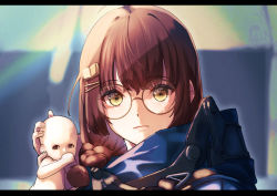 Rule 34 | 1girl, 1other, baby, bad id, bad pixiv id, blurry, blurry background, book hair ornament, braid, brown eyes, brown hair, crying, crying with eyes open, death stranding, glasses, hair ornament, hair over shoulder, hairclip, highres, holding baby, jacket, looking at viewer, portrait, round eyewear, tears, tears from one eye, u kyoumaru, upper body, virtual youtuber, yomiyama fumino
