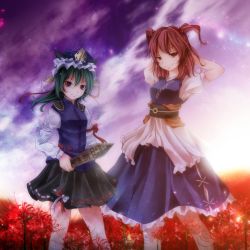 Rule 34 | 2girls, bad id, bad pixiv id, belt, female focus, flower, green eyes, green hair, hair bobbles, hair ornament, highres, looking at viewer, multiple girls, night, night sky, onozuka komachi, red eyes, red hair, rod of remorse, shiki eiki, skirt, sky, smile, spider lily, standing, star (sky), starry sky, touhou, tsukishiro saika, twintails, two side up