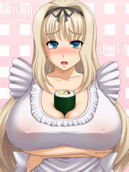 Rule 34 | 1girl, between breasts, blonde hair, blue eyes, blush, breast hold, breasts, covered erect nipples, crossed arms, female focus, huge breasts, kusugawa sasara, long hair, nipples, open mouth, see-through, to heart (series), to heart 2, tomite