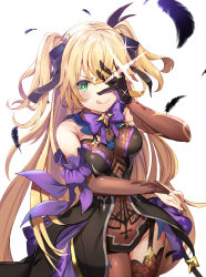 Rule 34 | 1girl, bare shoulders, blonde hair, blush, bodystocking, bow, breasts, commentary, eyepatch, feathers, fischl (genshin impact), garter straps, genshin impact, gloves, green eyes, hair over one eye, highres, long hair, looking at viewer, purple bow, purple neckwear, renka (renkas), single glove, single leg pantyhose, single thighhigh, small breasts, smile, solo, thighhighs, thighs, two side up