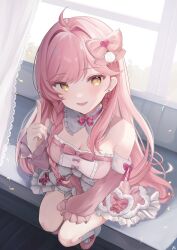 Rule 34 | 1girl, ahoge, bow, braid, breasts, cleavage, commentary, detached sleeves, dress, earrings, fur-trimmed dress, fur trim, hair bow, hair intakes, heart, heart earrings, highres, indie virtual youtuber, jewelry, kurage cc, long hair, medium breasts, pink footwear, pink hair, pink sleeves, side braid, sitting, smile, socks, solo, symbol-only commentary, takanoha (vtuber), virtual youtuber, white bow, white socks, yellow eyes