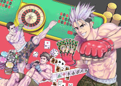 Rule 34 | 4boys, abs, aoki masahiko, barefoot, battle, black hair, blue gloves, blurry, brown eyes, brown hair, card, clenched teeth, dice, fingerless gloves, gloves, green gloves, grey hair, grin, hair slicked back, holding, holding card, kicking, male focus, multiple boys, muscular, muscular male, no eyes, official art, original, patterned, patterned clothing, poker chip, punching, red gloves, roulette, topless male, smile, teeth, toenails