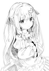 Rule 34 | 1girl, bow, crescent, crescent hair ornament, dress, greyscale, hair bow, hair ornament, hands in opposite sleeves, kedama milk, long hair, long sleeves, looking at viewer, monochrome, patchouli knowledge, sidelocks, simple background, solo, touhou, upper body, very long hair, white background