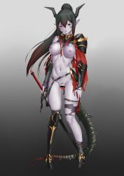 Rule 34 | 1girl, absurdres, armor, armored boots, bar censor, black eyes, black hair, boots, breasts, censored, colored skin, dragon girl, facial mark, hair bun, highres, horns, markings, medium breasts, nude, object insertion, pointy ears, ponytail, purple skin, sword, tail, torn clothes, vaginal, vaginal object insertion, weapon, yakou (4507770)