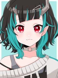 Rule 34 | 1girl, black hair, blue background, blue hair, blush, closed mouth, commentary request, demon girl, demon horns, grey choker, grey tank top, hair ornament, hairclip, highres, horns, kino haruc, looking at viewer, medium hair, multicolored hair, nanashi inc., official alternate costume, red eyes, shishio chris, shishio chris (2nd costume), simple background, single bare shoulder, solo, strap slip, sugar lyric, tank top, two-tone background, two-tone hair, upper body, virtual youtuber, white background