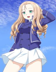 Rule 34 | 1girl, bc freedom military uniform, beni (bluebluesky), blonde hair, blouse, blue jacket, blue sky, blue vest, commentary, cowboy shot, day, dress shirt, drill hair, girls und panzer, green eyes, hand in own hair, high collar, highres, jacket, long hair, long sleeves, looking at viewer, marie (girls und panzer), military, military uniform, miniskirt, open mouth, outdoors, pleated skirt, shirt, skirt, sky, smile, solo, standing, uniform, vest, white shirt, white skirt