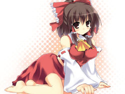 Rule 34 | 1girl, arm support, bare shoulders, barefoot, bow, breasts, brown eyes, brown hair, detached sleeves, female focus, hakurei reimu, halftone, halftone background, large breasts, lying, on side, ryokushiki (midori-ya), short hair, smile, solo, touhou