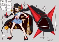 Rule 34 | 1girl, :&gt;, black coat, blue neckerchief, blue sailor collar, brown hair, closed mouth, coat, commentary request, dated, flail, foreshortening, geta, grey background, hat, highres, jacket, jacket on shoulders, kill la kill, long sleeves, looking at viewer, mankanshoku mako, midriff, morning star, neckerchief, no socks, official art, peaked cap, pleated skirt, sailor collar, school uniform, serafuku, shirt, short hair, short sleeves, simple background, skirt, smile, solo, spikes, standing, sushio, weapon, white shirt