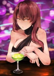 Rule 34 | 1girl, bare shoulders, black dress, blush, breasts, cocktail glass, collarbone, cup, dress, drinking glass, girls&#039; frontline, half-closed eyes, halterneck, highres, jewelry, katagiri ags, large breasts, long hair, looking at viewer, official alternate costume, open mouth, purple hair, red eyes, ring, sitting, solo, upper body, very long hair, wa2000 (ballroom interlude) (girls&#039; frontline), wa2000 (girls&#039; frontline), wedding ring