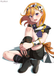 Rule 34 | 1girl, absurdres, black footwear, black shorts, blush, boots, bow, hair between eyes, hairband, hands on own leg, highres, japanese clothes, kimono, knee boots, knee up, legs, looking at viewer, love live!, love live! superstar!!, medium hair, multicolored clothes, obi, on ground, open mouth, orange bow, orange hair, purple eyes, sash, shadow, shibuya kanon, shiny skin, short sleeves, shorts, simple background, sitting, solo, star (symbol), star print, teeth, twitter username, upper teeth only, white background, yzlkun