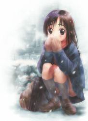 Rule 34 | 1girl, cold, gloves, goto p, own hands clasped, own hands together, panties, pantyshot, scarf, skirt, snow, snowing, solo, squatting, underwear