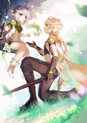Rule 34 | 1boy, 1girl, absurdres, aether (genshin impact), black gloves, braid, braided ponytail, dress, feet, full body, genshin impact, gloves, grass, green eyes, hair ornament, highres, holding, holding sword, holding weapon, kneeling, lizhilv, looking at another, nahida (genshin impact), outstretched hand, pants, short sleeves, sitting, smile, swing, sword, symbol-shaped pupils, toes, weapon, white dress, white hair
