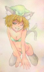 Rule 34 | 1girl, animal ears, bikini, breasts, brown hair, cat ears, cat tail, chen, cleavage, collarbone, fang, green bikini, grey thighhighs, hat, highres, kneeling, looking at viewer, multiple tails, navel, nekomata, one eye closed, open mouth, painting (medium), pink background, short hair, small breasts, solo, swimsuit, tail, thighhighs, touhou, traditional media, two tails, watercolor (medium), yuyu (00365676)