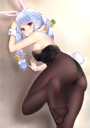 Rule 34 | 1girl, absurdres, against wall, animal ear fluff, animal ears, ass, bare shoulders, black pantyhose, blue hair, braid, breasts, carrot hair ornament, commentary request, feet, food-themed hair ornament, hair ornament, haru (re ilust), highres, hololive, leotard, long hair, looking at viewer, medium breasts, multicolored hair, pantyhose, playboy bunny, rabbit-shaped pupils, rabbit ears, rabbit girl, rabbit tail, red eyes, soles, solo, symbol-shaped pupils, tail, thick eyebrows, twin braids, two-tone hair, usada pekora, virtual youtuber, white hair
