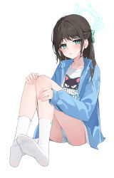 Rule 34 | 1girl, absurdres, airi (band) (blue archive), airi (blue archive), aqua bow, aqua panties, blue archive, blue jacket, bow, bow legwear, brown hair, collarbone, english text, feet, green eyes, hair bow, halo, highres, jacket, knees up, legs, long sleeves, looking at viewer, medium hair, no shoes, open clothes, open jacket, panties, parted lips, print shirt, shirt, simple background, sitting, skirt, socks, soles, solo, striped clothes, striped panties, t-shirt, toes, two-tone panties, underwear, white background, white panties, white skirt, white socks, xiao lin jiu