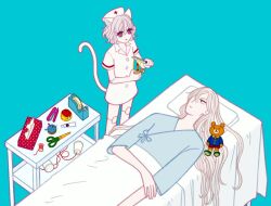 Rule 34 | 2others, animal ears, bed, bella scottland, cat ears, cat tail, chimera ant, cross, dress, duct tape, hair over one eye, hat, holding, holding knife, holding lighter, hospital bed, hospital gown, hunter x hunter, joints, kite (hunter x hunter), knife, lighter, long hair, looking at another, lying, multiple others, needle, neferpitou, nurse, nurse cap, on bed, paper, purple eyes, red cross, scissors, short hair, simple background, stapler, stuffed animal, stuffed toy, tail, teddy bear, toy, white background, white hair