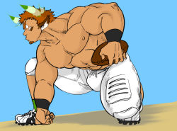 Rule 34 | 1boy, abs, american football, american football (object), american football uniform, animal ears, ball, bara, brown hair, bulge, cow ears, facial hair, fiery horns, forked eyebrows, full body, glowing horns, goatee, halco (halco777), highres, horns, large pectorals, looking to the side, male focus, muscular, nipples, pants, pectorals, pout, short hair, solo, sportswear, thick eyebrows, thick thighs, thighs, tight clothes, tight pants, tokyo houkago summoners, topless male, wakan tanka, white pants