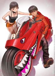 Rule 34 | 1boy, 1girl, akira (manga), bare shoulders, black tank top, breasts, character request, cleavage, gradient background, hand on own hip, highres, jewelry, leaning forward, legs together, looking at viewer, midriff, motor vehicle, motorcycle, murata range, no bra, pendant, short hair, short shorts, shorts, simple background, small breasts, tally, tank top, thigh gap