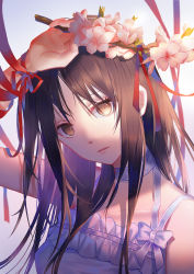 Rule 34 | 1girl, bad id, bad pixiv id, brown eyes, brown hair, cherry blossoms, dress, flower, gradient background, hand up, long hair, looking at viewer, original, portrait, red ribbon, ribbon, shenteita, simple background, solo, white dress