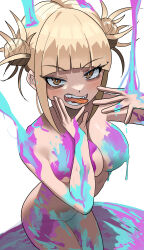 Rule 34 | 1girl, absurdres, bags under eyes, blonde hair, blush, boku no hero academia, breasts, convenient censoring, double bun, hair bun, hand on own chin, highres, large breasts, looking at viewer, messy hair, nude, open mouth, simple background, slime (substance), solo, toga himiko, tongue, tongue out, white background, yellow eyes, zd (pixiv6210083)