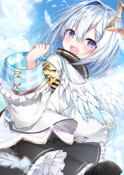 Rule 34 | 1girl, :d, amane kanata, amane kanata (1st costume), armband, black footwear, black skirt, blue sky, blue wings, blush, bob cut, cloud, cloudy sky, colored inner hair, commentary request, day, dutch angle, feathered wings, feathers, frilled skirt, frills, from side, gradient wings, hair between eyes, hair ornament, halo, highres, hololive, jacket, long sleeves, looking at viewer, looking to the side, multicolored hair, multicolored wings, open mouth, outdoors, plaid, purple eyes, shoe soles, silver hair, single hair intake, skirt, sky, smile, solo, star halo, topia, virtual youtuber, white feathers, white jacket, white wings, wide sleeves, wings
