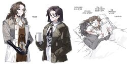 2girls absurdres bed_sheet black_coat black_gloves blanket braces brown_eyes brown_hair coat cosplay costume_switch cross_tie cup dress eye_contact face-to-face glasses gloves grey_coat gyeol_124 hand_in_pocket hand_on_another&#039;s_face hand_up hands_up highres holding holding_cup holding_jar holding_paper jar korean_text long_hair looking_at_another lying multiple_girls multiple_views on_bed paper pillow red_dress reverse:1999 shirt short_hair tooth_fairy_(reverse:1999) translation_request white_background white_dress white_shirt yuri z_(reverse:1999)