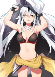 Rule 34 | 1girl, armpits, arms up, bikini, black bikini, black gloves, black hair, breasts, cloak, collarbone, commentary request, cowboy shot, criss-cross halter, fate/grand order, fate (series), fingerless gloves, gloves, hair between eyes, halterneck, long hair, medium breasts, multicolored hair, nagao kagetora (fate), navel, open mouth, simple background, solo, standing, stomach, swimsuit, very long hair, white background, white hair, yellow eyes, yuuzuki (re&#039;ef)