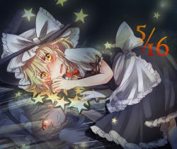 Rule 34 | 1girl, apron, blonde hair, braid, crying, dark persona, different reflection, evil smile, grin, hair over one eye, hair ribbon, hat, kirisame marisa, lying, on side, red eyes, reflection, ribbon, short hair, sky, smile, star (symbol), tears, tigern, touhou, witch hat, yellow eyes