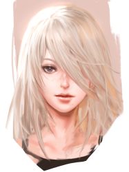 Rule 34 | 1girl, closed mouth, dopey (dopq), grey eyes, hair over one eye, highres, lips, long hair, looking at viewer, mole, mole under mouth, nier (series), nier:automata, portrait, simple background, solo, white background, white hair, a2 (nier:automata)