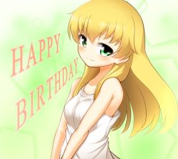 Rule 34 | 1girl, blonde hair, blush, carpaccio (girls und panzer), casual, closed mouth, commentary request, dress, english text, girls und panzer, green eyes, happy birthday, long hair, looking at viewer, rebirth42000, sleeveless, sleeveless dress, smile, solo, sundress, upper body, white dress