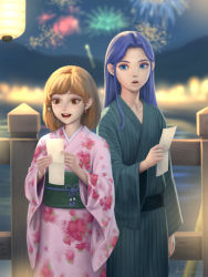 Rule 34 | 2girls, blue eyes, blue hair, blue string, brown eyes, brown hair, commentary, commission, earrings, english commentary, fence, fireworks, floral print, glowing, gohpot, green kimono, green sash, holding, japanese clothes, jewelry, kimono, lantern, long hair, multiple girls, open mouth, original, paper lantern, parted lips, pink kimono, sash, short hair, signature, standing, teeth, wide sleeves