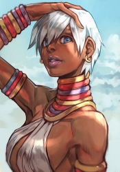 Rule 34 | 1girl, armlet, bare shoulders, blue eyes, blue nails, bracelet, breasts, capcom, dark-skinned female, dark skin, earrings, elena (street fighter), fingernails, hungry clicker, jewelry, lips, lipstick, looking at viewer, makeup, medium breasts, muscular, nail polish, necklace, open mouth, purple lips, ring, ring necklace, short hair, simple background, solo, street fighter, street fighter iii (series), toned, upper body, white hair