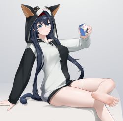 Rule 34 | 1girl, absurdres, animal hood, arknights, arm support, bare legs, barefoot, black hair, blaze (arknights), blue eyes, bottle, breasts, cat girl, cat hood, closed mouth, drawstring, fang, fang out, feet, grey background, hairband, highres, holding, hood, hood up, hoodie, large breasts, leg up, long hair, long sleeves, milk, milk bottle, no panties, official alternate costume, on bed, pouring, pouring onto self, red hairband, simple background, sitting, skin fang, smile, soles, solo, toes, two-tone hoodie, vamjulian, very long hair