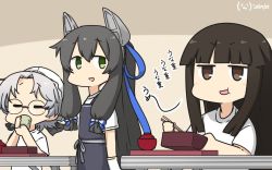 Rule 34 | 3girls, alternate costume, apron, bento, black apron, black hair, blunt bangs, bowl, brown eyes, chopsticks, closed eyes, commentary request, cup, dated, drinking, eating, glasses, green eyes, grey hair, hair ribbon, hamu koutarou, hat, hatsuyuki (kancolle), headgear, highres, hime cut, hirato (kancolle), i-47 (kancolle), kantai collection, long hair, multiple girls, official alternate costume, one-hour drawing challenge, ponytail, ribbon, sailor hat, shirt, short hair, sidelocks, t-shirt, translation request, tress ribbon, wavy hair, white headwear, white shirt, yunomi