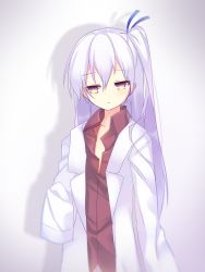 Rule 34 | 1girl, bad id, bad nicoseiga id, commentary request, empty eyes, eyebrows, hair between eyes, hair ribbon, lab coat, long hair, looking at viewer, nyori, original, ribbon, side ponytail, sleeves past wrists, solo, upper body, white hair, yellow eyes