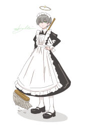 Rule 34 | 1boy, absurdres, alternate costume, apron, arene (arknights), arknights, black footwear, crossdressing, enmaided, frilled apron, frills, full body, green eyes, grey hair, hair between eyes, halo, hand on own hip, highres, juliet sleeves, kaprice, long sleeves, maid, maid apron, maid headdress, male focus, mop, pantyhose, puffy sleeves, shadow, shoes, simple background, solo, standing, twitter username, white apron, white background, white pantyhose