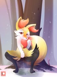 Rule 34 | 1girl, animal ear fluff, animal ears, animal feet, animal hands, animal nose, b-epon, black fur, blush, body fur, braixen, creatures (company), fang, feet, female focus, flat chest, fox ears, fox girl, fox tail, full body, furry, furry female, game freak, gen 6 pokemon, grass, half-closed eyes, hand up, heart, heart-shaped pupils, highres, holding own tail, lifted by self, logo, looking at viewer, multicolored fur, neck fur, nintendo, outdoors, patreon, pokemon, pokemon (creature), presenting, pussy, pussy juice, red eyes, signature, smile, snout, snow, snowing, solo, spread legs, squatting, stick, symbol-shaped pupils, tail, teeth, tree, uncensored, watermark, white fur, yellow fur
